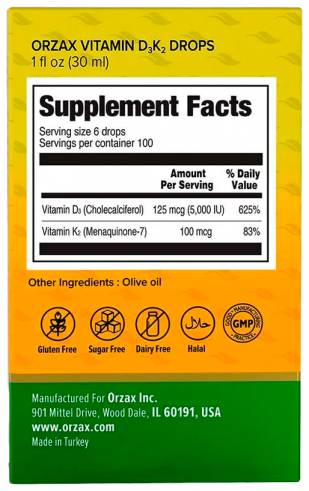 Orzax Vitamin D3K2 Drops, Витамин D3К2 Капли, 30 мл