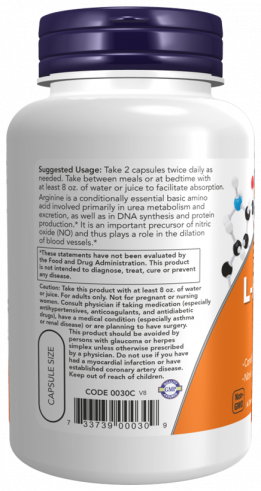 NOW L-Arginine 500 mg, L-Аргинин 500 мг, 250 капсул