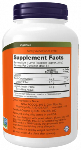 NOW Inulin Prebiotic Pure Powder Organic, 227 грамм